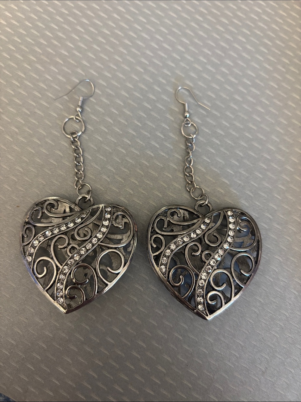 Silver-Tone Heart Filigree Drop Earrings with Crystal Stream